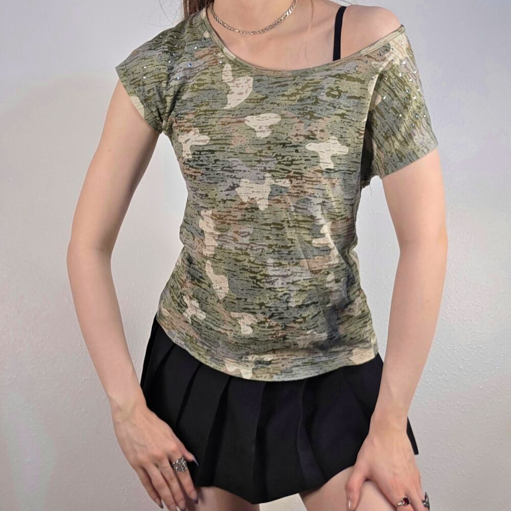 Camo Tee Shirt Semi Sheer Burn Out T-Shirt Y2K 00s Indie Sleaze Grunge SZ Medium